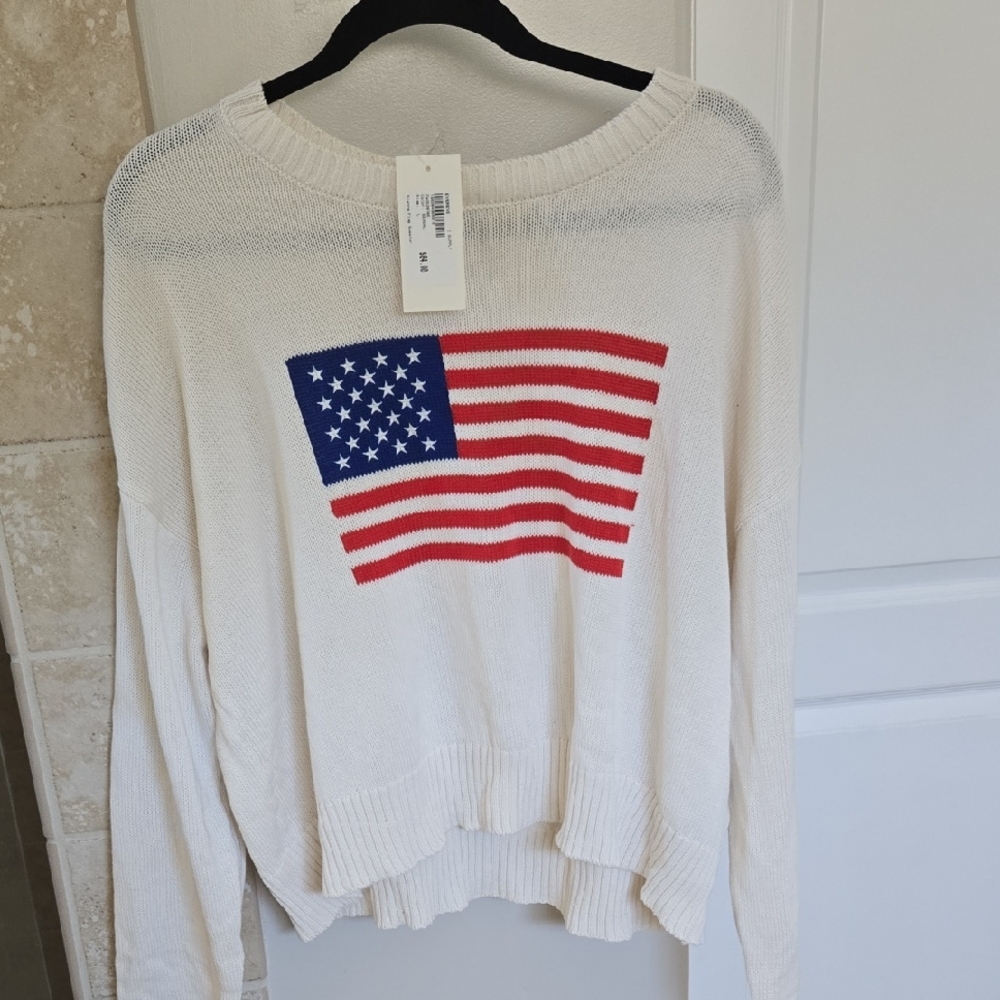 Z Supply Cream and Red Crew Neck Sweater with American Flag Design